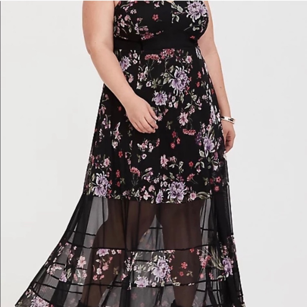 Torrid Black Floral Mesh Tiered Ruffle Maxi Dress With Sheer Layer Sun Dress